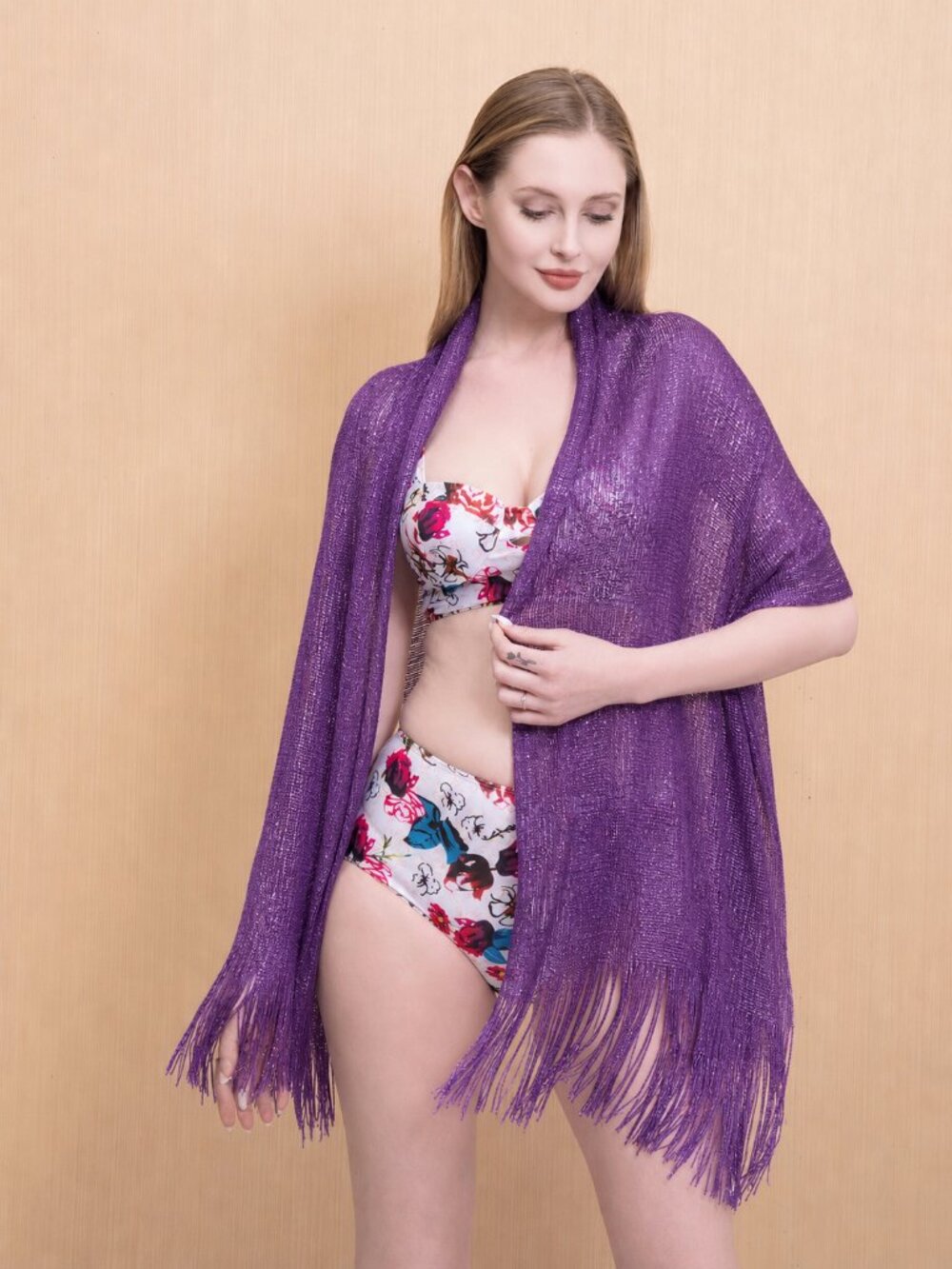 Purple Shimmer and Shine Scarf Shawl Sparkly Wrap with Tassels NWT